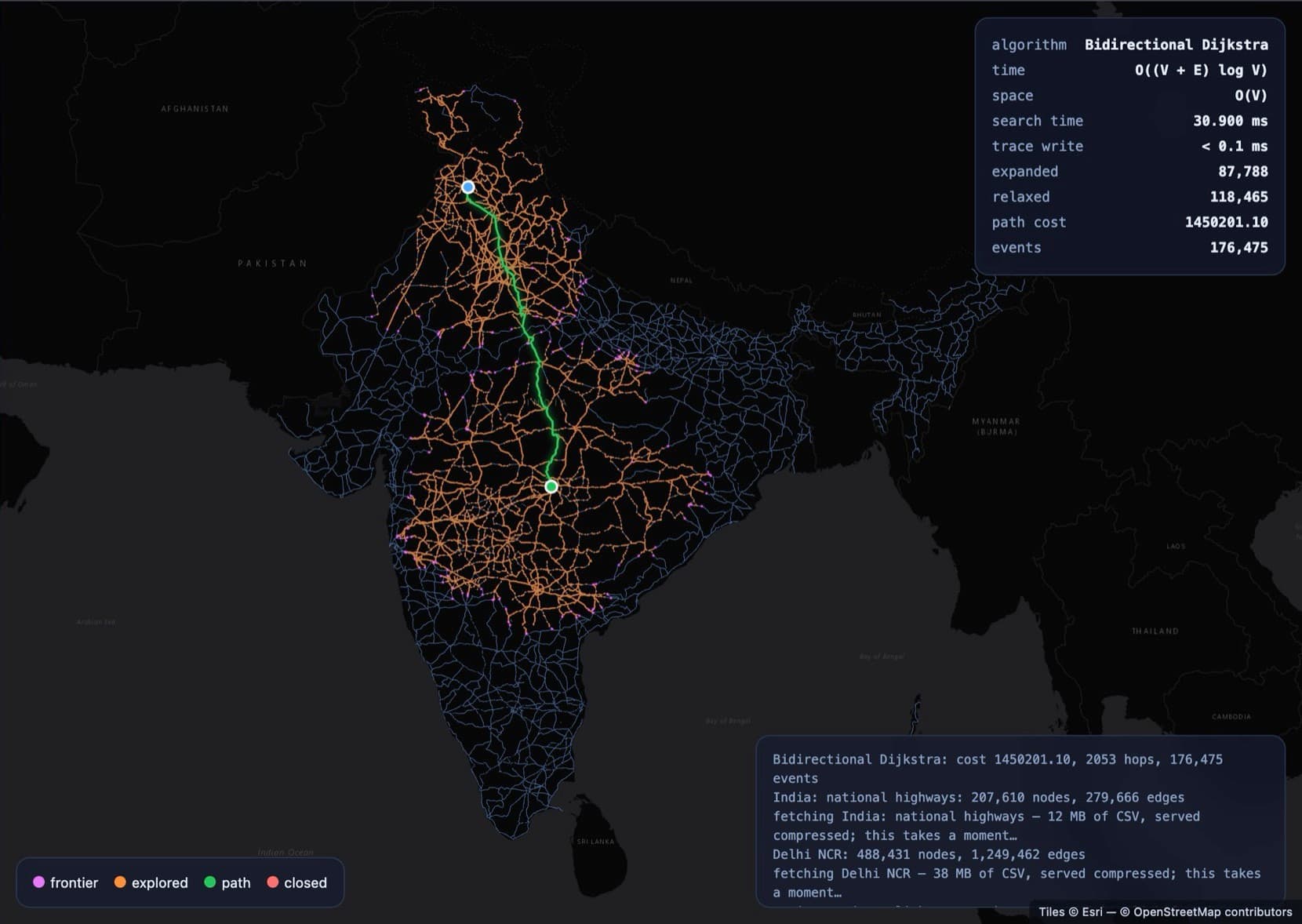 The Adaptive Graph Search Suite running: a bidirectional Dijkstra search across the Indian national highway network.